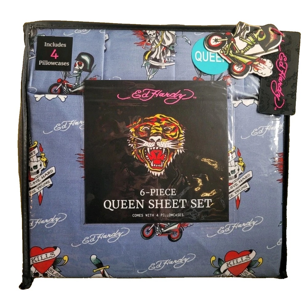 Ed Hardy QUEEN Sheet Set Blue Motorcycle Skull Love Kills‎ Slowly Dagger 6 Piece